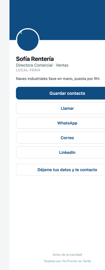 La tarjeta digital abierta en un teléfono: banda con el color de la empresa, foto, nombre, puesto, y los botones de guardar contacto, llamar, WhatsApp, correo y LinkedIn.